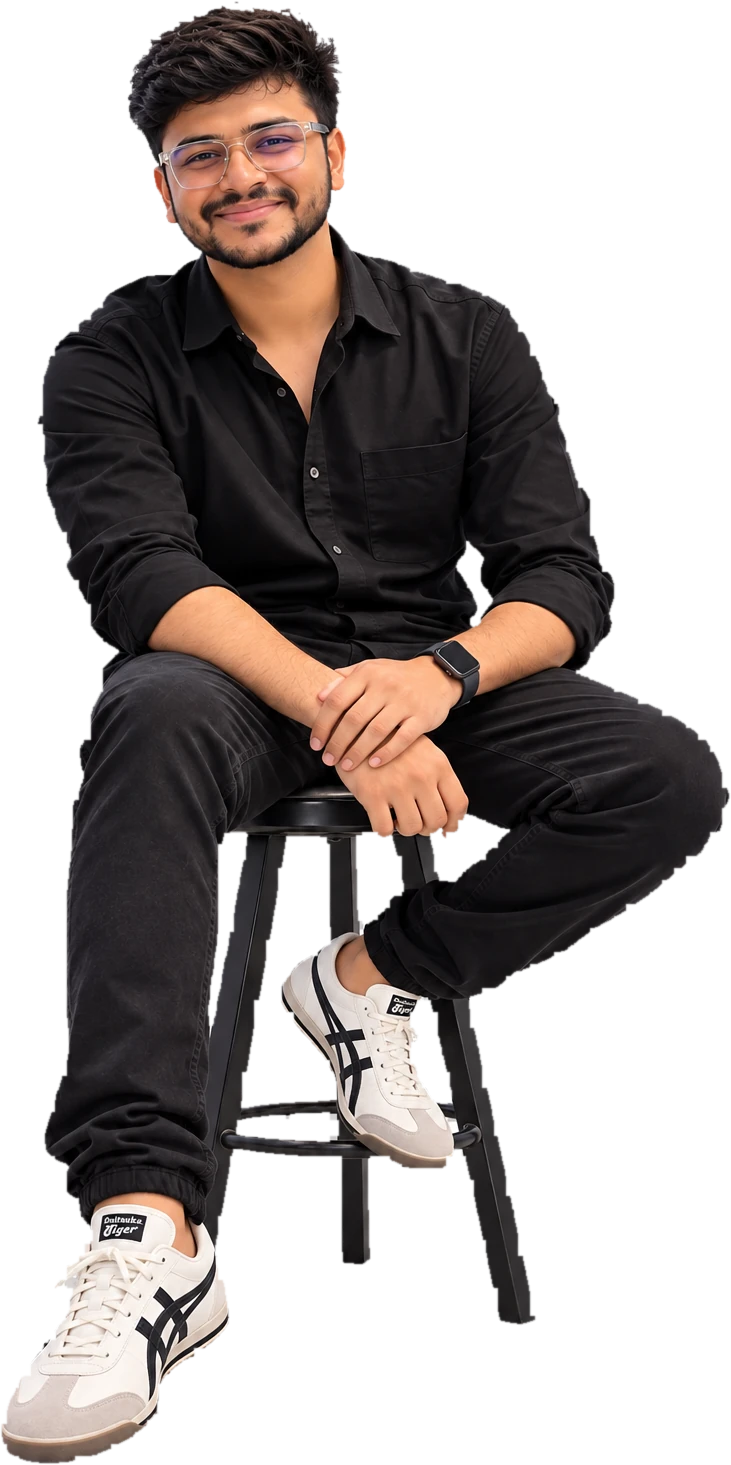 Himalay, sitting on a stool, smiling